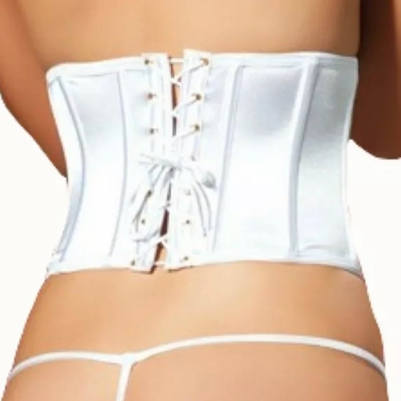 Women White Satin Underbust Corset 7 Til Midnight Zip up Lace up Waist Cincher M - Picture 3 of 9
